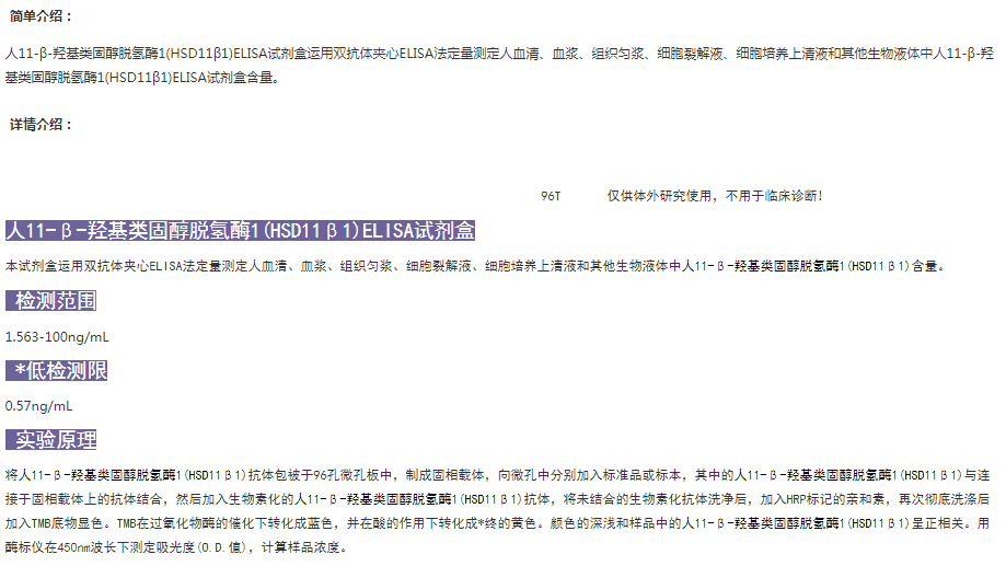 人11-β-羥基類固醇脫氫酶1(HSD11β1)ELISA試劑盒介紹圖 人11-β-羥基類固醇脫氫酶1(HSD11β1)ELISA試劑盒介紹圖